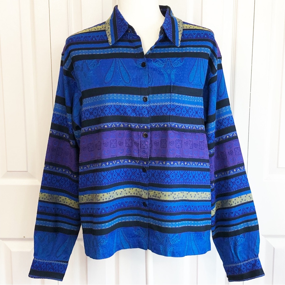 Vintage Chico's Design Blue Paisley Stripe Print Shirt Jacket Large